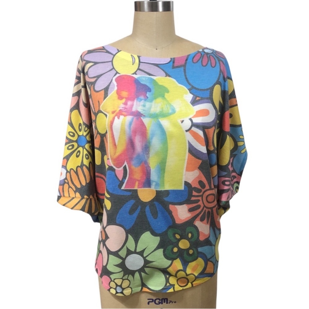 Time Machine Vibrant Multicolor Floral Women's Blouse sz Large vintage inspired